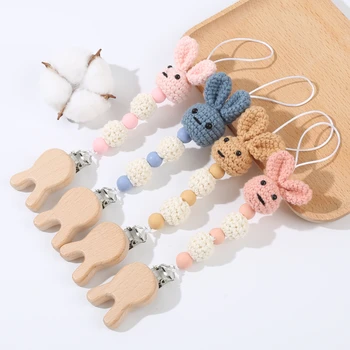 Baby Beech Wood Pacifier Clip Cartoon Animal Bunny Flote Ball Beaded Dummy Holder Chain for Anti-drop Baby Nipple Chain Care Toy