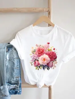 Gėlių saldus akvarelės stilius Grafiniai marškinėliai Drabužiai Moteriško atspaudo marškinėliai Populiariausi moterų mados laisvalaikio trumpomis rankovėmis trikotažas