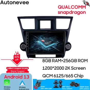 Qualcomm For Toyota Highlander 2007 - 2013 Android Auto Car Radio Multimedia Video Player GPS Navigation Carplay Galinė kamera 4G