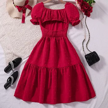 Suknelė Kids Girls Raudona miela princesės suknelė 7-12 metų suknelė trumpomis rankovėmis Suknelė be nugaros Polka-dot Pūstomis rankovėmis sluoksniuota suknelė Vakarėlio suknelė