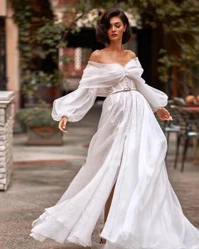 Grakščios vestuvinės suknelės Lankas Papuoškite nuotakos chalatus be petnešėlių Ilgi pūstomis rankovėmis Chalatai oficialiam vakarėliui Vestidos de Novia 2024
