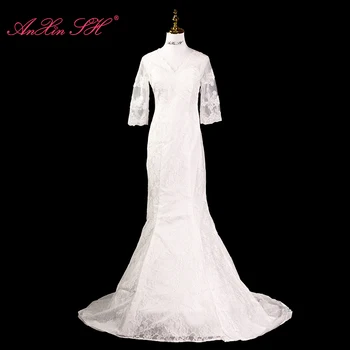 AnXin SH Prancūzų Retro princesė balta gėlė nėriniuota undinėlė v kaklas pusė rankovės iliuzija suvarstyta paprasta nuotakos trimitas vestuvinė suknelė