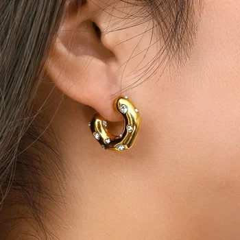 Nerūdijančio plieno aukso spalvos sidabro spalvos lankų auskarai moterims C formos geometriniai auskarai Inlay Zircon Nauja korėjiečių kalba