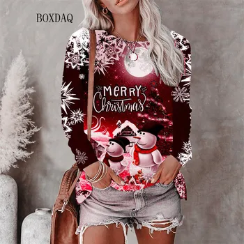 Christmas Style Moteriški marškinėliai Ruduo Žiema Ilgomis rankovėmis 3D Kalėdos Sniego senis Spausdinti Gatvės hiphopo ponios Trišakiai 6XL Didelio dydžio viršūnės