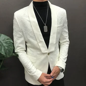 Luxury White Rose Jacquard Blazer Slim Masculino Business Casual Wedding Suits For Men Tuxedo Smoking Homme Mariage kostiumas