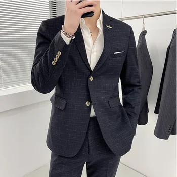 Boutique (Blazer + kelnės) Vyrų mados verslo džentelmenas Elegantiškas ir atsitiktinis britų stilius Oficialių 2 dalių kostiumų įvairovė