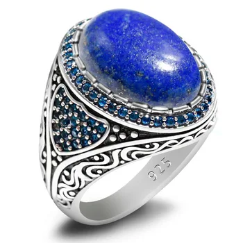 Prabangūs Türkiye vyrai ir moterys rankų darbo 925 svarų sidabro 100% natūralus lapis lazuli žiedas vestuvių punk vakarėlio jubiliejinė dovana