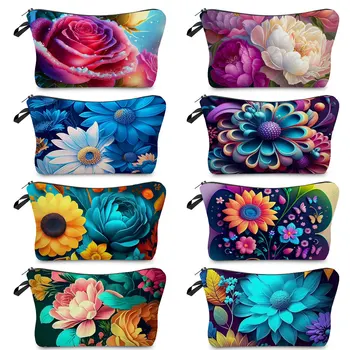 Stilingas daugiaspalvis gėlių 3D spausdinimas Moteriškas makiažo krepšys Originalus dizainas Nešiojamas kosmetikos krepšys Paplūdimio kelionių organizatorius Tualeto reikmenų rinkinys