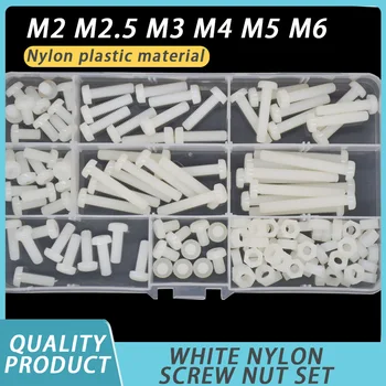M2 M2,5 M3 M4 M5 M6 Baltas nailoninių sraigtinių veržlių rinkinys Metrinis sriegis Plastikinė apvali galvutė 