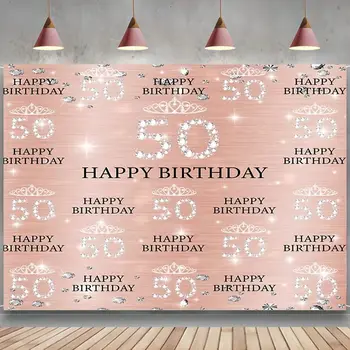 Rožinis auksas Rožinė 50-ojo gimtadienio fonas Karūna Moterys Deimantai Blizgučiai Fonas Penkiasdešimt metų Elegantiška vakarėlio dekoravimo reklamjuostė