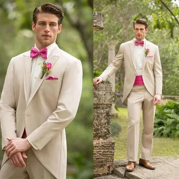 Beige Peak Lapel One Button kostiumai vyrams Elegantiškas vestuvių jaunikis Tailcoat 2 Piece Prom Party Bankquet Vyriškas kostiumas (Blazer+Pants)