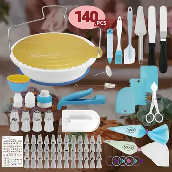 Iškepkite savo geriausią pyragą su šiuo 140vnt tortų dekoravimo reikmenų rinkiniu - apima pyrago patefono stovą ir kepimo įrankius!