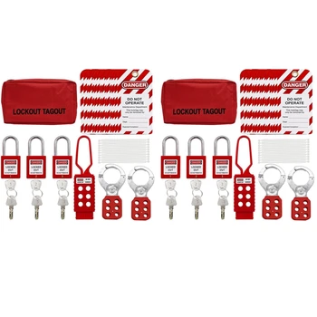 2Set lockout tagout kit, nailoniniai kaklaraiščiai, apsauginės spynos su numeriu,grupinės lokauto vapsvos, universalus rinkinys su raudonu kišeniniu krepšiu