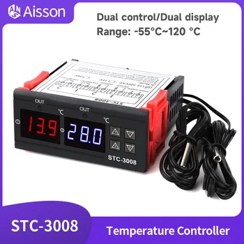 STC-3008 Dvigubas skaitmeninis temperatūros reguliatorius Dviejų relių išėjimo termostato šildytuvas su zondu 12V 24V 220V Cool Heat