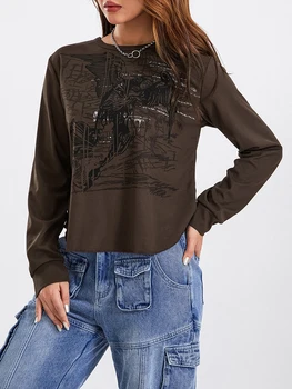 Moteriški Y2K marškiniai Vintažiniai ilgomis rankovėmis Fėja Grunge marškinėliai Gotikiniai estetiniai grafiniai apkarpymai Harajuku drabužiai