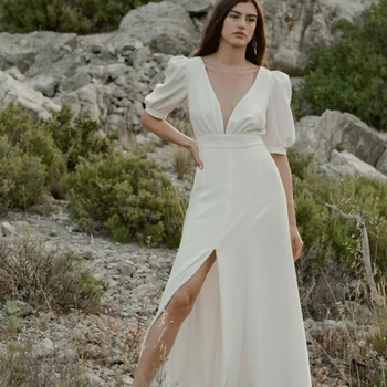 Naujo dizaino Plunging V-Neck vestuvinė suknelė pūstomis rankovėmis Satin Backless High Split Simple Bridal Gowns vestidos para muje Mariage