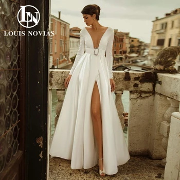 LOUIS NOVIAS vestuvinė suknelė ilgomis rankovėmis 2024 Satin Bridal Gown V-Neck Backless Stunning Bride Dresses A-Line Vestidos De Novia