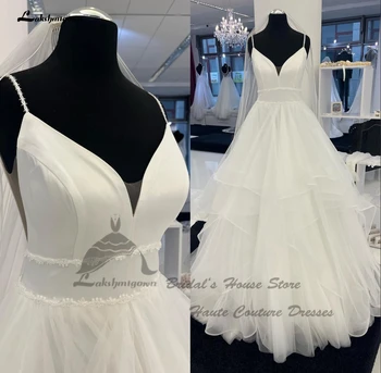 Lakshmigown Robe Boheme vestuvinės suknelės paplūdimys 2023 V kaklas Off White Tulle Long Bridal Boho vestuviniai chalatai Spagečių dirželiai