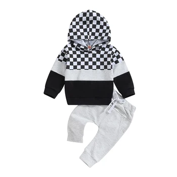 Mažylis Baby Boy spalvų blokas Drabužiai Pledas ilgomis rankovėmis Džemperis su gobtuvu Kelnės Rudens žieminės aprangos komplektai