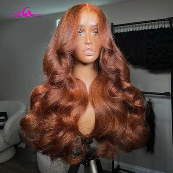 Imbieras Oranžinės spalvos kūno banga Iš anksto nupeštas skaidrus nėrinių priekinis žmogaus plaukų perukas 13x4 nėrinių priekinis perukas moteriai 180 tankis
