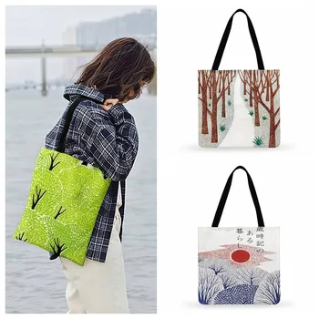 Women Casual Tote Japanese Art Print Tote Bag For Ladies Shoulder Bag Memory Of Twilight Foldable Shopping Bag Outdoor Beach Bag