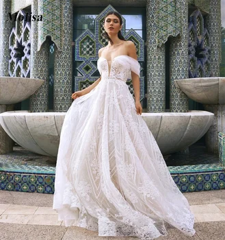 Boho Off Shoulder A-Line vestuvinių suknelių aplikacijos Tiulio nėrinių karoliukai Nuotakos suknelės moterims 2022 m Nemokamas pristatymas Šalies nuotakos suknelė
