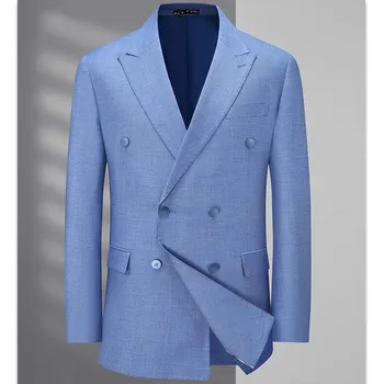 2023 Fashion Male Blazer Blue Peak Lapel Double Breasted High Quality Coat Casual Business Daily Wedding Suit Slim Fit Jacket