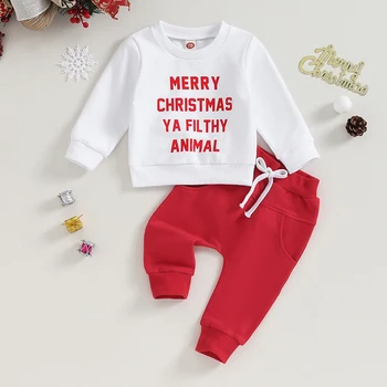Mažylis Berniukas Mergaitė Kalėdiniai drabužiai Laiškas Spausdinti Megztiniai ilgomis rankovėmis Megztinės Elastinės kelnės 2Vnt Šilta apranga