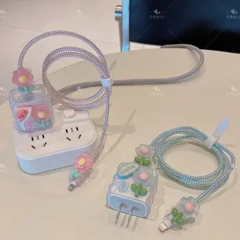 Duomenų linijos priedai Įkroviklio ir įkrovimo kabelio apsauga 18/20W gėlių USB kabelio dangtelis TPU telefono maitinimo adapterio apvalkalas, skirtas 