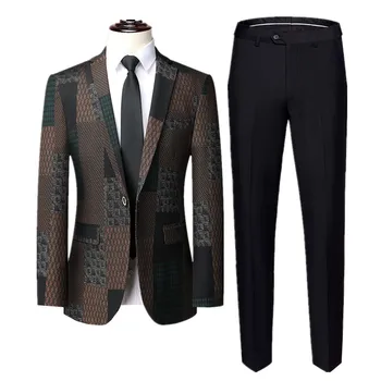 New Men Printed Suit 2 Piece Large Size 6XL Men's Wedding Dance Party Dress Blazer Jacket ir Solid Color Kelnės