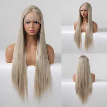 Ilgi tiesūs šilkiniai perukai moterims Platinos blondinės nėriniai Natūralūs kasdieniai vakarėlių perukai Didelio tankio minkšti sintetiniai plaukai Atsparus karščiui