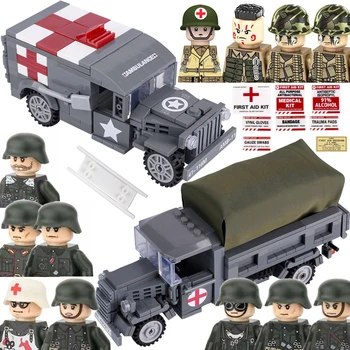 Military Mini Car Model Building Blocks WW2 German Soldier Truck US WC54 Medical Vehicle Doctor Figures Army Ambulance Kids Žaislai