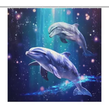 Extra Long Dolphin Dušo užuolaida Povandeninis vandenynas Žuvų audinys Vonios dekoras Vonios užuolaidos Neperšlampamos 12vnt Kabliukai
