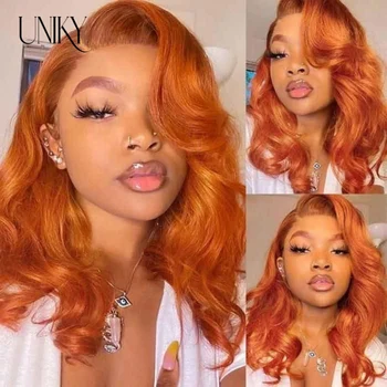 Orange Ginger Body Wave Wig Transparent Ginger Brown 13X4 Nėrinių priekinis perukas Žmogaus plaukų perukai moterims Remy Laisvas kūnas Banguotas perukas