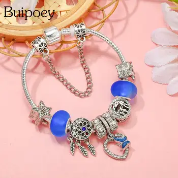 Buipoey Blue Butterfly Heart Pendant Bracelet Diy Family And Star Beaded Dreamcatcher Charm Silver Color Apyrankės Unisex