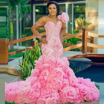 Rožinė undinėlės vakarinė suknelė Tiulis ilgomis rankovėmis Gėlių rutulio suknelė plius dydis Afrikos moterų vestuvinė suknelė Oficiali vakarėlio suknelė
