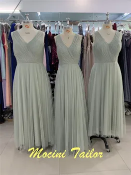 Sage Green Color Chiffon Tiulis Pamergės suknelė 2024 m Ilgas V formos kaklas Berankovės Pritaikomos mados Luckgirls Mocini siuvėjas