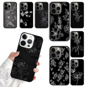 Black Flower Phone Case for iPhone SE2020 15 14 12 13 mini 6S 7 8 PLUS XS XR 11 PRO MAX Back Fundas coque Cover Shell