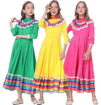 Halloween Cosplay kostiumas Meksikos etninis šokis Tradicinė suknelė Ilgas karnavalinis sijonas mergaitėms 3-12Year