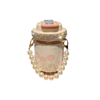 Putojantis tulpių būgnelis su šiaudų perlų grandine ir dangčiu 420ml stiklinis vandens butelis Inlay Rhinestone stiklinis butelis Nešiojamas puodelis Mielas