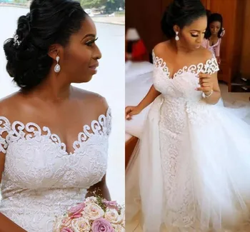 Seksuali Afrikos Nigerijos undinės vestuvinė suknelė 2021 m. su nuimama traukinio nėrinių aplikacija nuo peties Vestido De Noiva