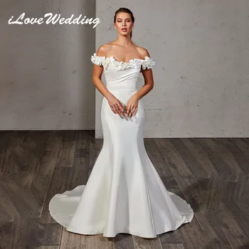 ILoveWedding elegantiškos satino 3D gėlių undinės vestuvinės suknelės moterims 2024 m Nuo pečių plisuota nuotakos suknelė Vestido De Novia