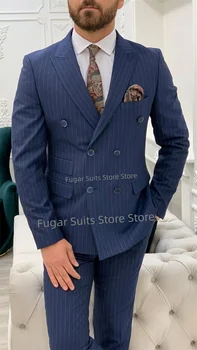 Boutique Stripe Navy Blue vestuvinis kostiumas vyrams Slim Fit Peak Lapel Groom Tuxedos2 Pieces Sets Business Male Blazer Kostiumas Homme