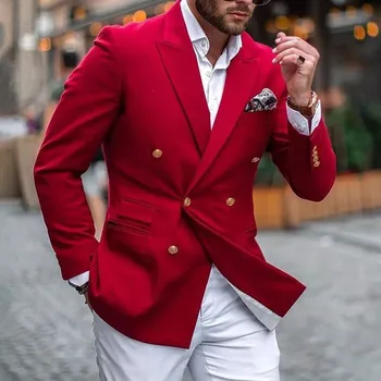 Casual Red Double Breasted Vyriškas kostiumas su baltomis kelnėmis Slim Fit Prom Groom Smokingai Wedding Wear 2 Pieces Fashion Blazer