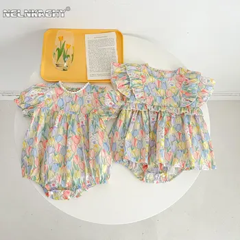 2023 vasaros naujiena naujagimiams mergaitėms trumpomis rankovėmis gėlių zuikio spausdinimo apranga kūdikių vaikams Vientisi mažyliai Medvilniniai smėlinukai