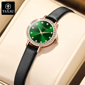TAXAU Fashion Casual Retro odinis diržas Moteriškas rankinis laikrodis Originalus deimantinis ciferblatas Nerūdijančio plieno vandeniui atsparūs laikrodžiai moteriai
