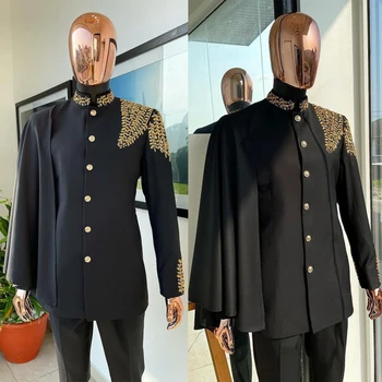 Juodi vyriški kostiumai Pagal užsakymą pagaminti 2 dalių švarko kelnių sagos auksinės aplikacijos 