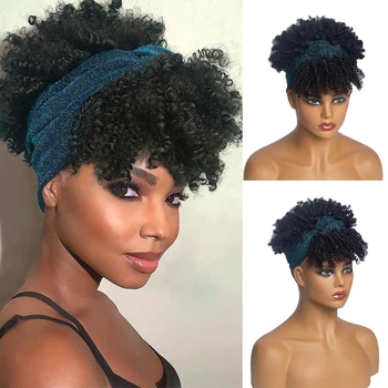 Short Kinky Curly Wig with Headband Afro Natural Curly Scarf Wig Synthetic Turban Wrap Wig for Black Women Daily Use Fake Hair