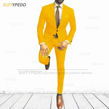 Fashoin Orange Vyriškas kostiumas Slim Fit Business Vestuvinės švarkas Kelnės 2 Pieces Casual Peak Lapel Suit Jacket 2023 Oficialus smokingas vyrams