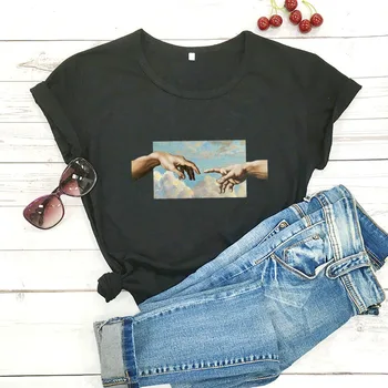 Adomo rankų kūrimas Meno grafika Atspausdintas naujas atvykimas Unisex Funny 100%Medvilniniai marškinėliai Krikščioniški marškiniai Dievo rankų drabužiai
